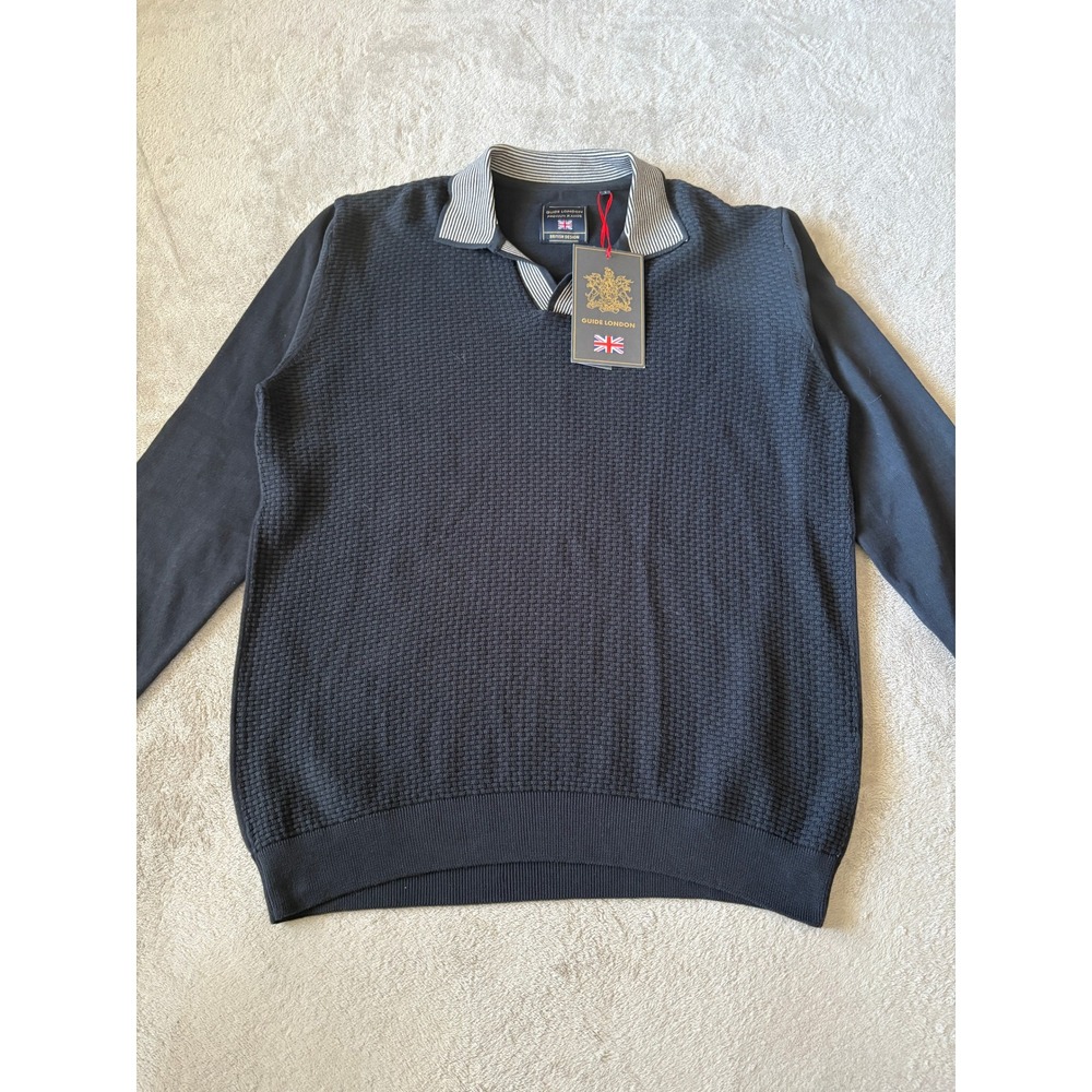 Guide London Size Large Polo Sweater Long Sleeve‎ Striped Collar Cotton Blend